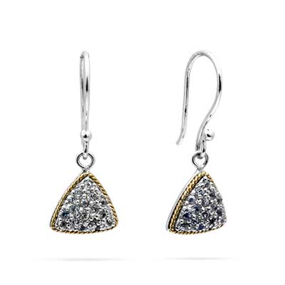 Silver and Gold earring, trillion shape with white CZ pave setting