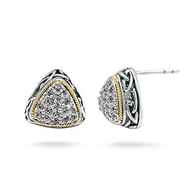 Gold & Silver earring, trillion shape with white topaz pave setting. Gold Rope bezel