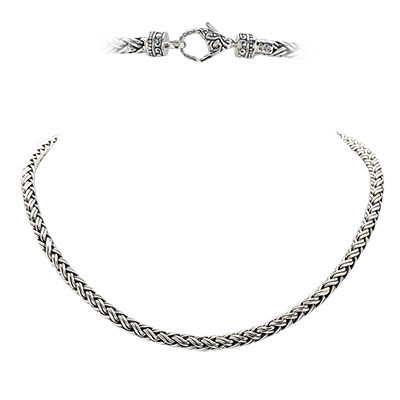 Silver chain necklace, braided wheat chain round 5 mm, 22 inch length with bali lobster clasp