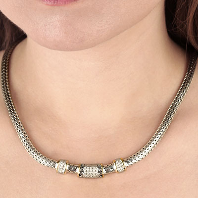 Gold & Silver bracelet, scale dragon chain round 6mm, spring lock with 18K gold hammer motif and white topaz pave stones