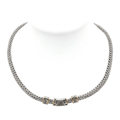 Gold & Silver bracelet, scale dragon chain round 6mm, spring lock with 18K gold hammer motif and white topaz pave stones