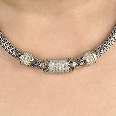 Gold & Silver bracelet, scale dragon chain round 6mm, spring lock with 18K gold hammer motif and white topaz pave stones