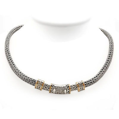 Gold & Silver bracelet, scale dragon chain round 6mm, spring lock with 18K gold hammer motif and white topaz pave stones