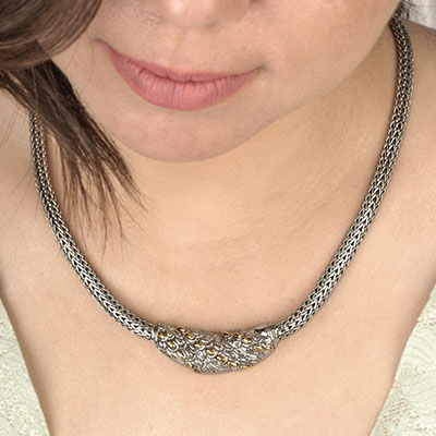 Gold & Silver bracelet, scale dragon chain round 6mm, spring lock with 18K gold hammer motif and white topaz pave stones