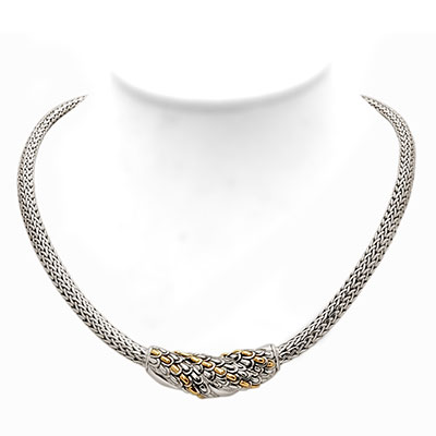 Gold & Silver bracelet, scale dragon chain round 6mm, spring lock with 18K gold hammer motif and white topaz pave stones