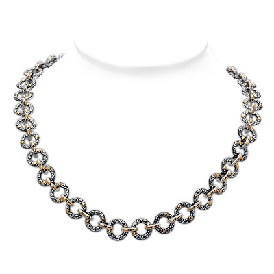 Gold & Silver bracelet, scale dragon chain round 6mm, spring lock with 18K gold hammer motif and white topaz pave stones