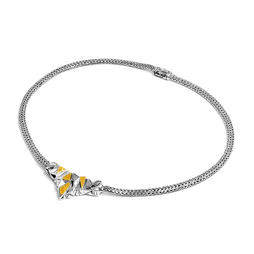 Gold & Silver bracelet, scale dragon chain round 6mm, spring lock with 18K gold hammer motif and white topaz pave stones