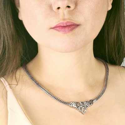 Gold & Silver bracelet, scale dragon chain round 6mm, spring lock with 18K gold hammer motif and white topaz pave stones