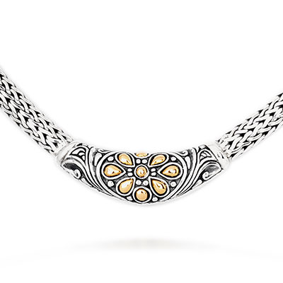 Gold & Silver bracelet, scale dragon chain round 6mm, spring lock with 18K gold hammer motif and white topaz pave stones