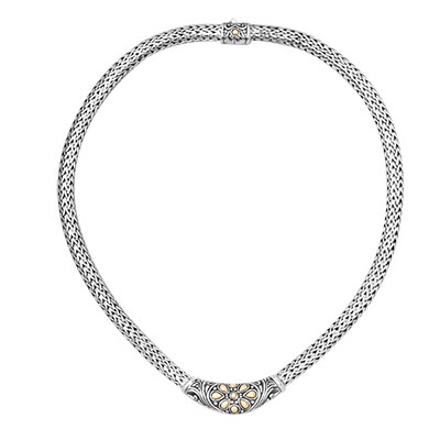 Gold & Silver bracelet, scale dragon chain round 6mm, spring lock with 18K gold hammer motif and white topaz pave stones