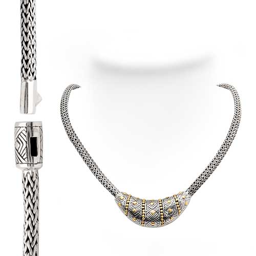 Gold & Silver bracelet, scale dragon chain round 6mm, spring lock with 18K gold hammer motif and white topaz pave stones