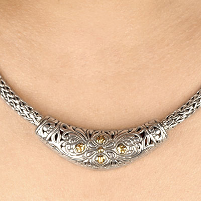 Gold & Silver bracelet, scale dragon chain round 6mm, spring lock with 18K gold hammer motif and white topaz pave stones