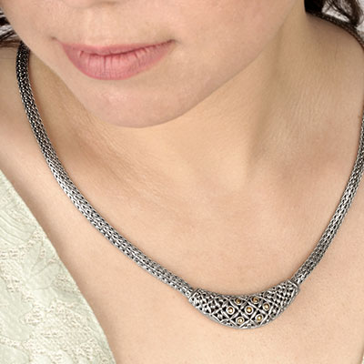 Gold & Silver bracelet, scale dragon chain round 6mm, spring lock with 18K gold hammer motif and white topaz pave stones