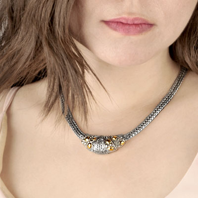 Gold & Silver bracelet, scale dragon chain round 6mm, spring lock with 18K gold hammer motif and white topaz pave stones