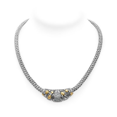 Gold & Silver bracelet, scale dragon chain round 6mm, spring lock with 18K gold hammer motif and white topaz pave stones