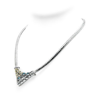 Gold & Silver bracelet, scale dragon chain round 6mm, spring lock with 18K gold hammer motif and white topaz pave stones