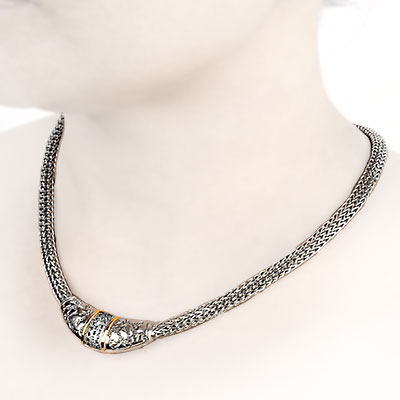 Gold & Silver bracelet, scale dragon chain round 6mm, spring lock with 18K gold hammer motif and white topaz pave stones