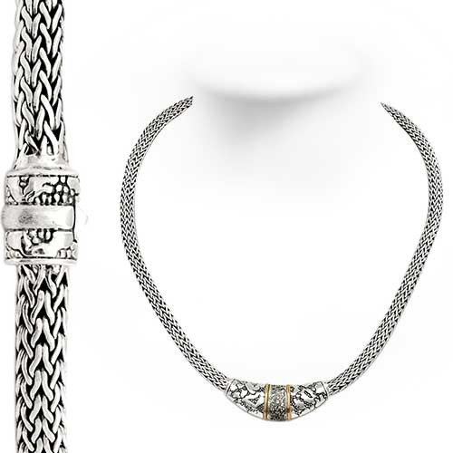 Gold & Silver bracelet, scale dragon chain round 6mm, spring lock with 18K gold hammer motif and white topaz pave stones