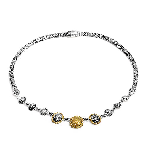 Gold & Silver bracelet, scale dragon chain round 6mm, spring lock with 18K gold hammer motif and white topaz pave stones