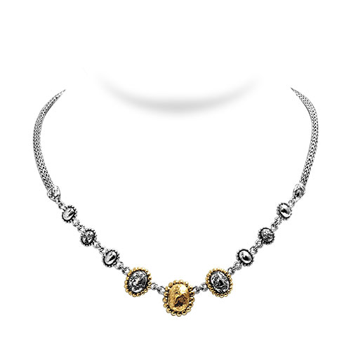 Gold & Silver bracelet, scale dragon chain round 6mm, spring lock with 18K gold hammer motif and white topaz pave stones