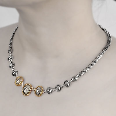 Gold & Silver bracelet, scale dragon chain round 6mm, spring lock with 18K gold hammer motif and white topaz pave stones