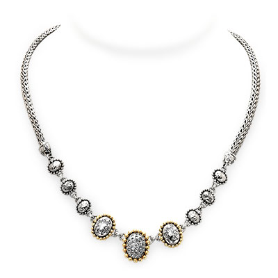 Gold & Silver bracelet, scale dragon chain round 6mm, spring lock with 18K gold hammer motif and white topaz pave stones