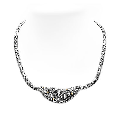 Gold & Silver bracelet, scale dragon chain round 6mm, spring lock with 18K gold hammer motif and white topaz pave stones