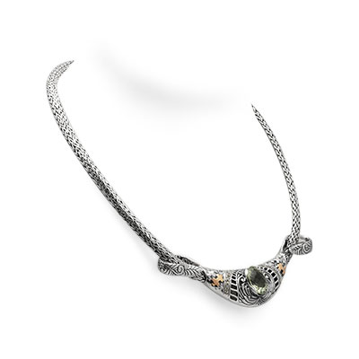 Gold & Silver bracelet, scale dragon chain round 6mm, spring lock with 18K gold hammer motif and white topaz pave stones