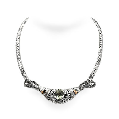 Gold & Silver bracelet, scale dragon chain round 6mm, spring lock with 18K gold hammer motif and white topaz pave stones