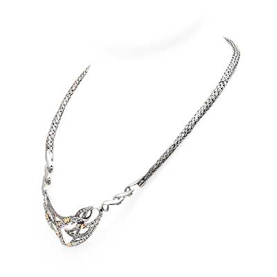 Gold & Silver bracelet, scale dragon chain round 6mm, spring lock with 18K gold hammer motif and white topaz pave stones