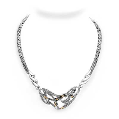 Gold & Silver bracelet, scale dragon chain round 6mm, spring lock with 18K gold hammer motif and white topaz pave stones