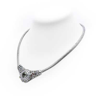 Gold & Silver bracelet, scale dragon chain round 6mm, spring lock with 18K gold hammer motif and white topaz pave stones