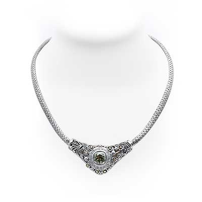 Gold & Silver bracelet, scale dragon chain round 6mm, spring lock with 18K gold hammer motif and white topaz pave stones