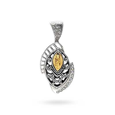 Gold & Silver bracelet, scale dragon chain round 6mm, spring lock with 18K gold hammer motif and white topaz pave stones