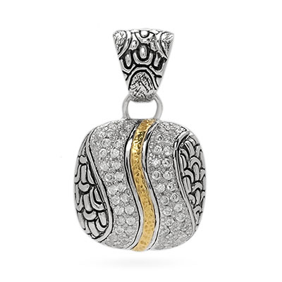 Gold & Silver bracelet, scale dragon chain round 6mm, spring lock with 18K gold hammer motif and white topaz pave stones