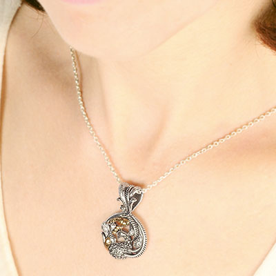 Gold & Silver bracelet, scale dragon chain round 6mm, spring lock with 18K gold hammer motif and white topaz pave stones