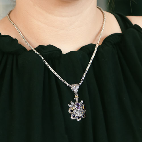 Gold & Silver bracelet, scale dragon chain round 6mm, spring lock with 18K gold hammer motif and white topaz pave stones