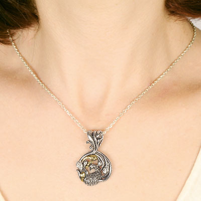 Gold & Silver bracelet, scale dragon chain round 6mm, spring lock with 18K gold hammer motif and white topaz pave stones