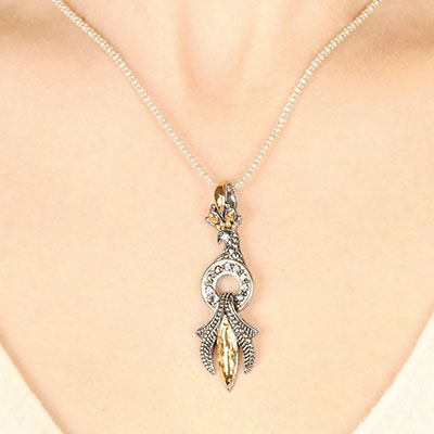 Gold & Silver bracelet, scale dragon chain round 6mm, spring lock with 18K gold hammer motif and white topaz pave stones