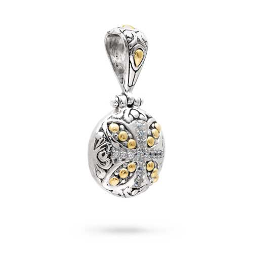 Gold & Silver bracelet, scale dragon chain round 6mm, spring lock with 18K gold hammer motif and white topaz pave stones