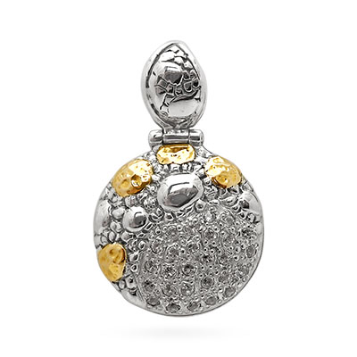 Gold & Silver bracelet, scale dragon chain round 6mm, spring lock with 18K gold hammer motif and white topaz pave stones