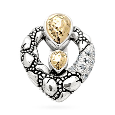 Gold & Silver bracelet, scale dragon chain round 6mm, spring lock with 18K gold hammer motif and white topaz pave stones