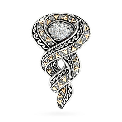 Gold & Silver bracelet, scale dragon chain round 6mm, spring lock with 18K gold hammer motif and white topaz pave stones