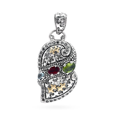 Gold & Silver bracelet, scale dragon chain round 6mm, spring lock with 18K gold hammer motif and white topaz pave stones