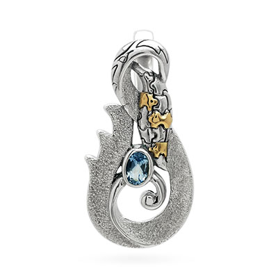 Gold & Silver bracelet, scale dragon chain round 6mm, spring lock with 18K gold hammer motif and white topaz pave stones