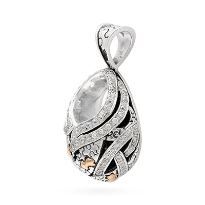 Gold & Silver bracelet, scale dragon chain round 6mm, spring lock with 18K gold hammer motif and white topaz pave stones