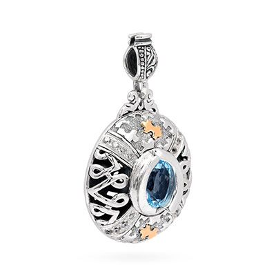 Gold & Silver bracelet, scale dragon chain round 6mm, spring lock with 18K gold hammer motif and white topaz pave stones