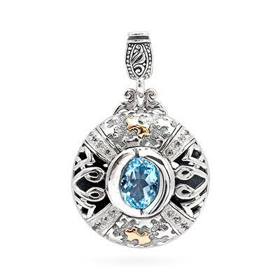 Gold & Silver bracelet, scale dragon chain round 6mm, spring lock with 18K gold hammer motif and white topaz pave stones