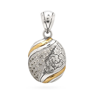 Gold & Silver bracelet, scale dragon chain round 6mm, spring lock with 18K gold hammer motif and white topaz pave stones