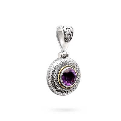 Silver pendant, hammer motif with Amethyst round, 18K gold rope, bail with tulang naga motif